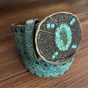 Gorgeous Leather Tooled Turquoise Belt with Stone Buckle by Streets Ahe…
